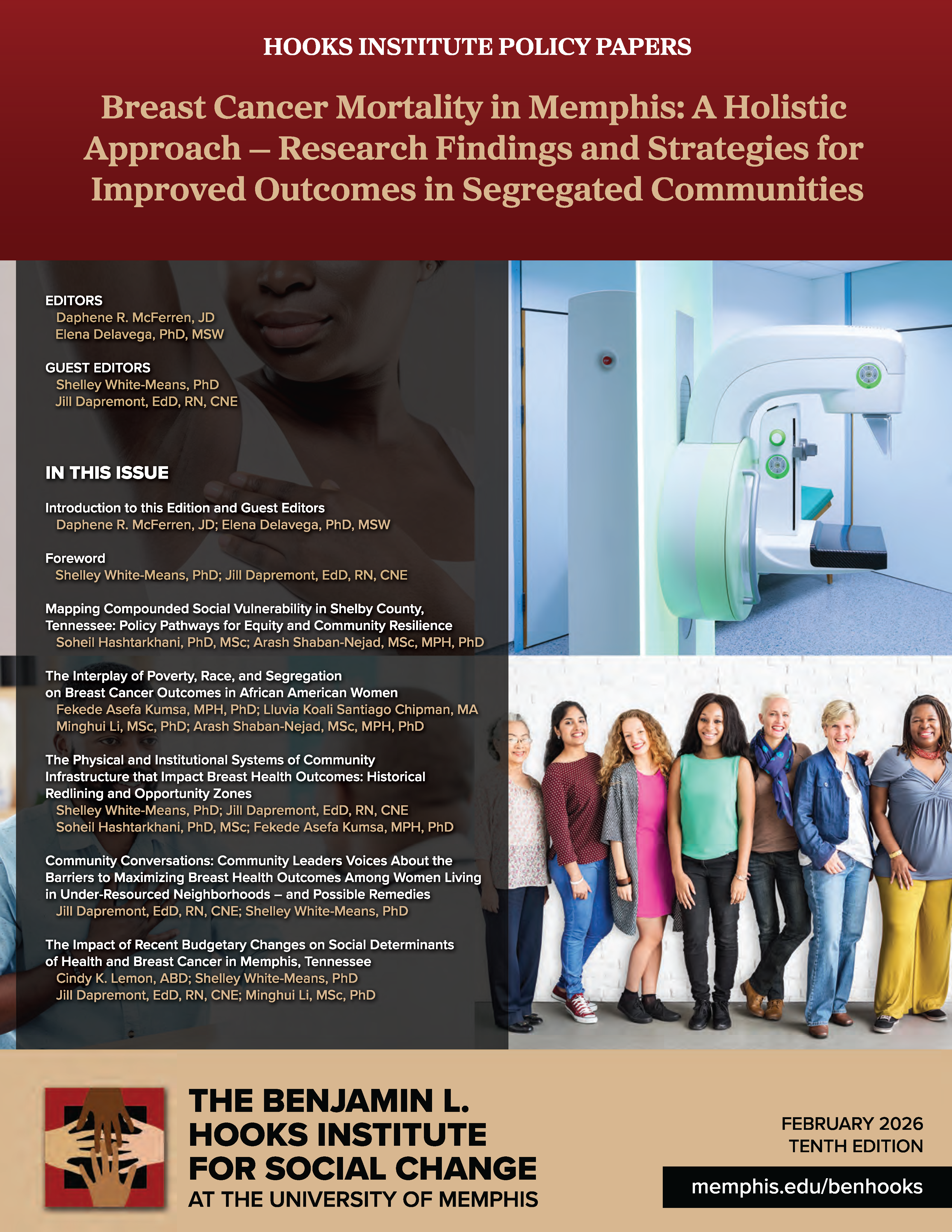 Cover of the 2026 Hooks Policy Papers Collage of images of women of various ages, races, and cultural backgrounds smiling at the viewer, as well as an image of mammography machine.