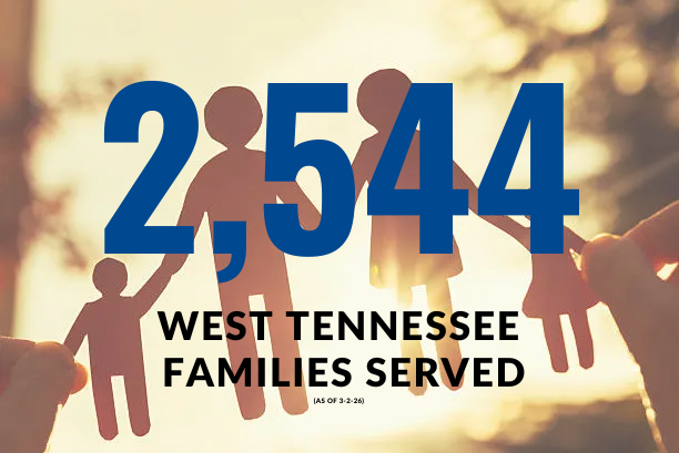 Graphic of a cutout paper family held up to a sunset through a tree with the numbers 2438