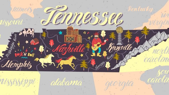 Tennessee state image Memphis, Knoxville, Nashville highlighted on it