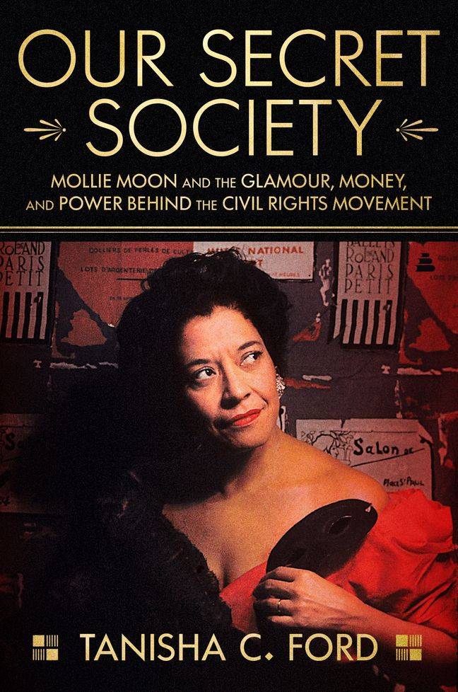 On the book cover the title is printed in gold lettering and features a photo of Mollie Moon in a black and red evening gown.