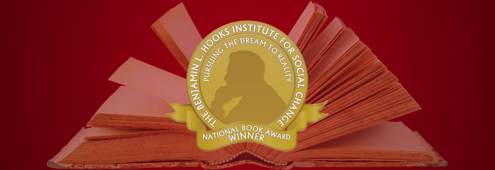 The seal of the the Hooks National Book Award over top of the image of an open book on a red background. 