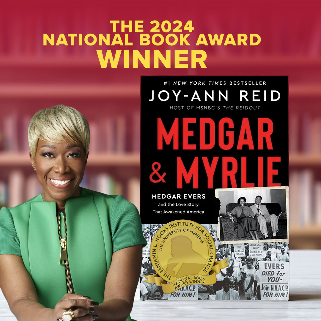 Author Joy-Ann Reid smiles beside a graphic of her book, 'Medgar and Myrlie: Medgar Evers and the Love Story that Awakened America." Ms. Reid is an African-American woman with short blonde hair. She is wearing a green dress.
