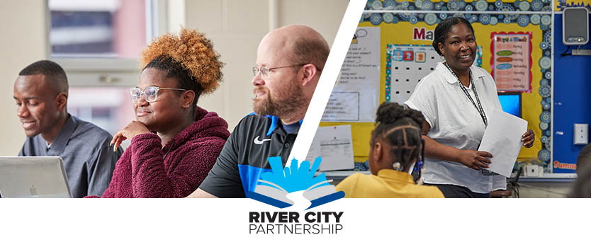 students in classroom with River City Partnership logo