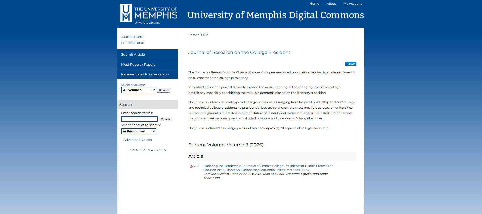 Homepage of the Journal of Research on the College Presidency, now hosted by the University of Memphis College of Education.