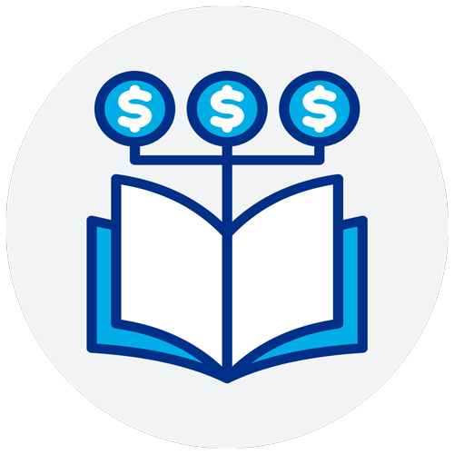 icon: open text book with three money signs