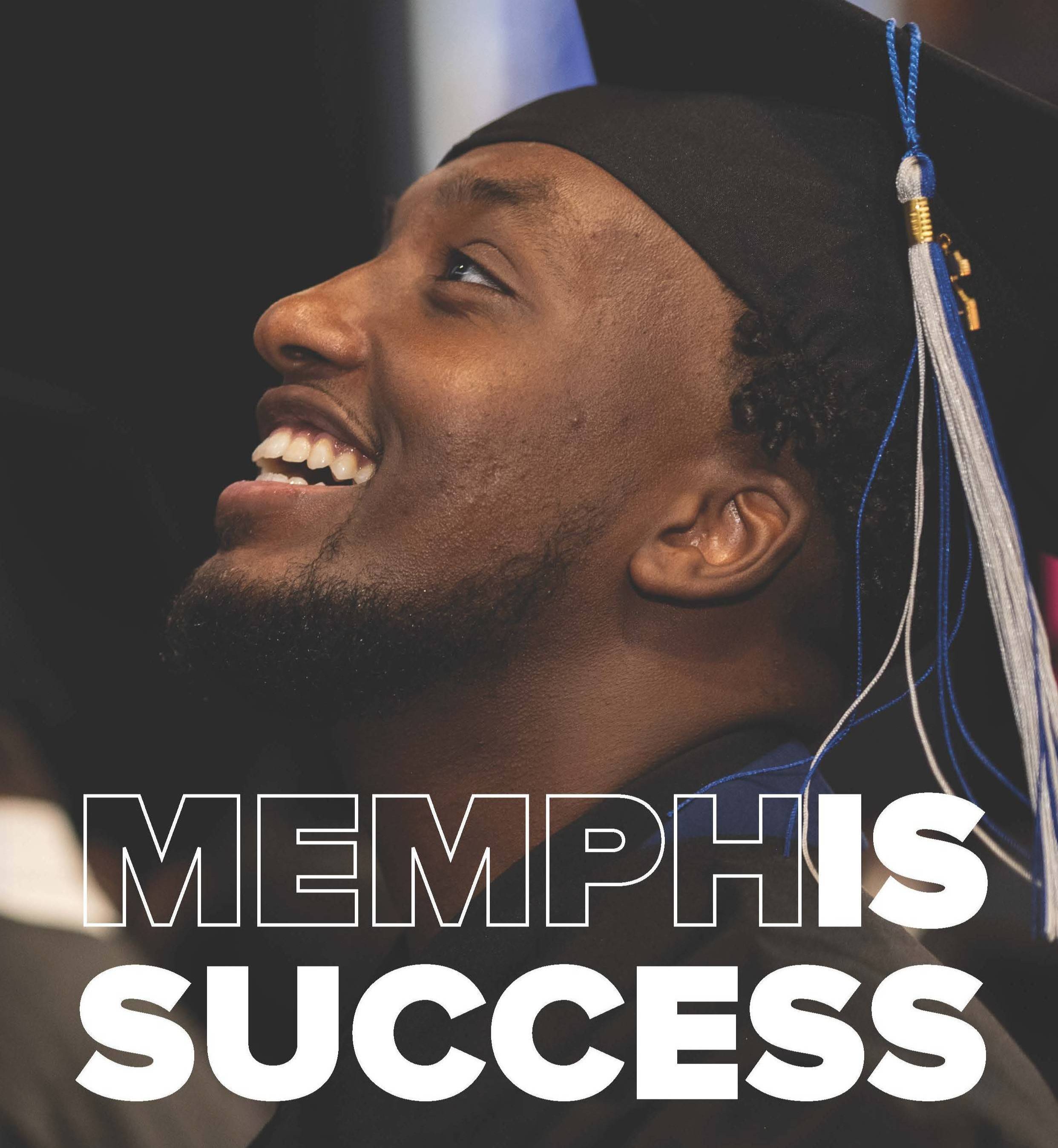 Student at Graduation with text saying Memphis Success