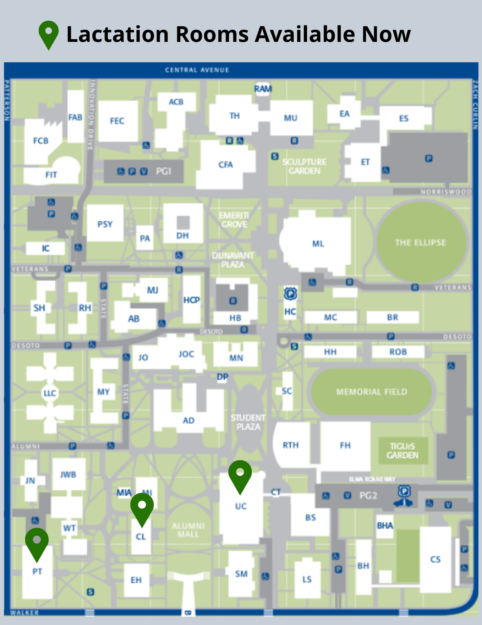 Map of Lactation Rooms Currently Available