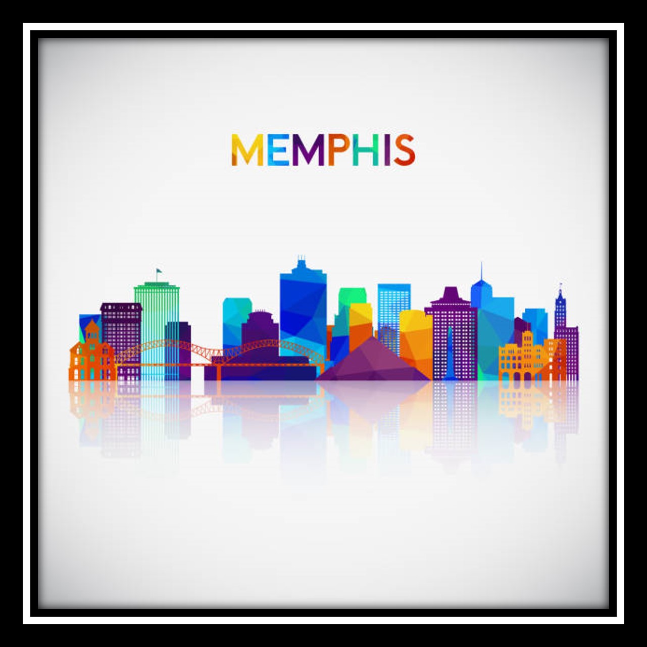 A drawing of the Memphis skyline with Memphis written above the skyline.