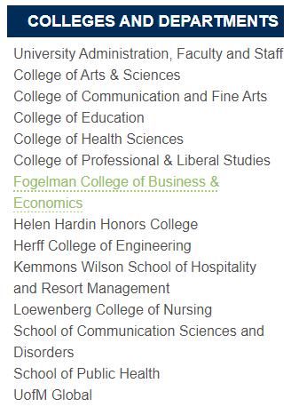 image of left hand menu of all colleges and departments