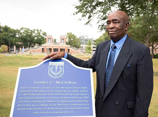 Luther C. McClellan at the dedication of the Alumni Mall, which was named in honor of him, in September 2021. 