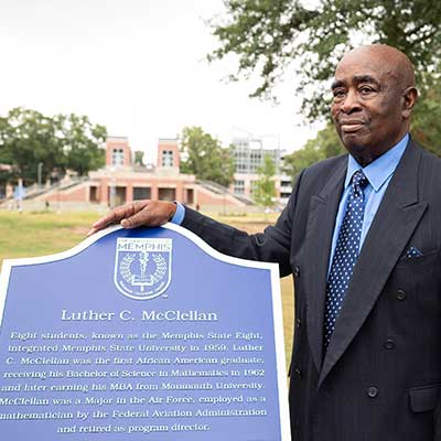 Luther C. McClellan at the dedication of the Alumni Mall, which was named in honor of him, in September 2021. 