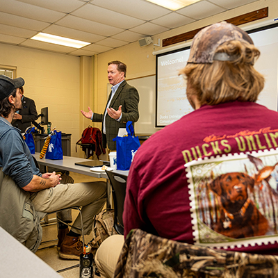 Ducks Unlimited CEO Adam Putnam speaks to the Ecology Conservation &amp; Management class at the UofM