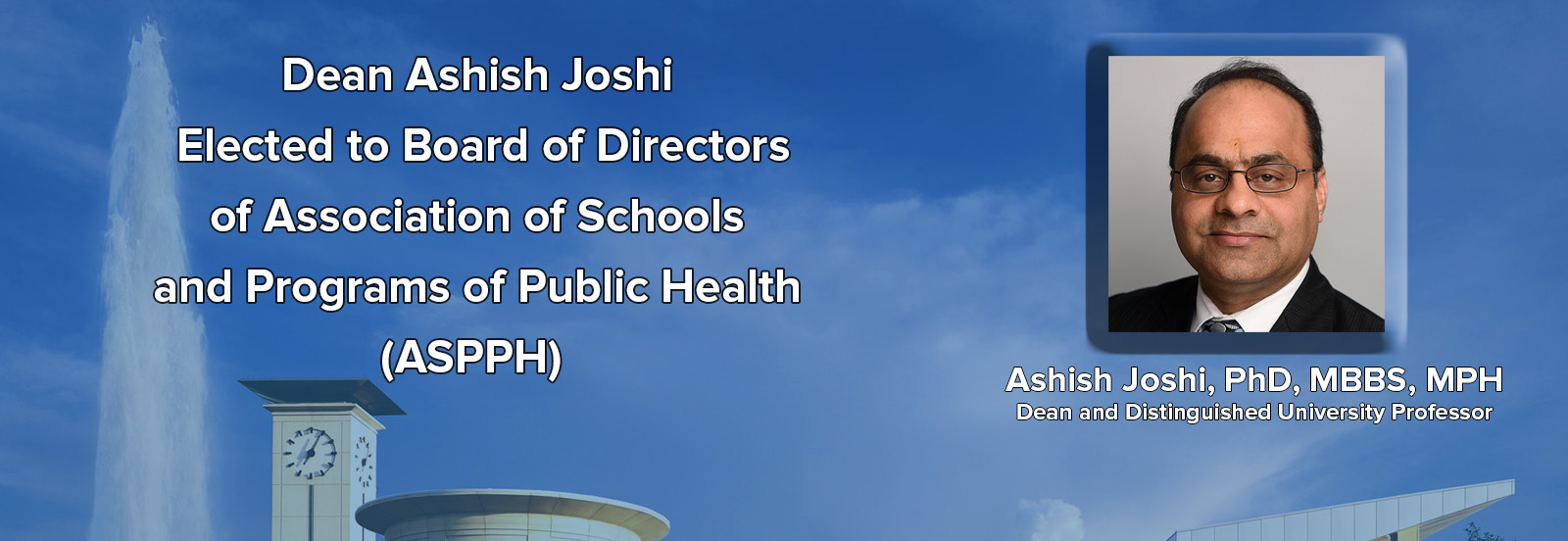 Headshot of Ashish Joshi, Fountain in background