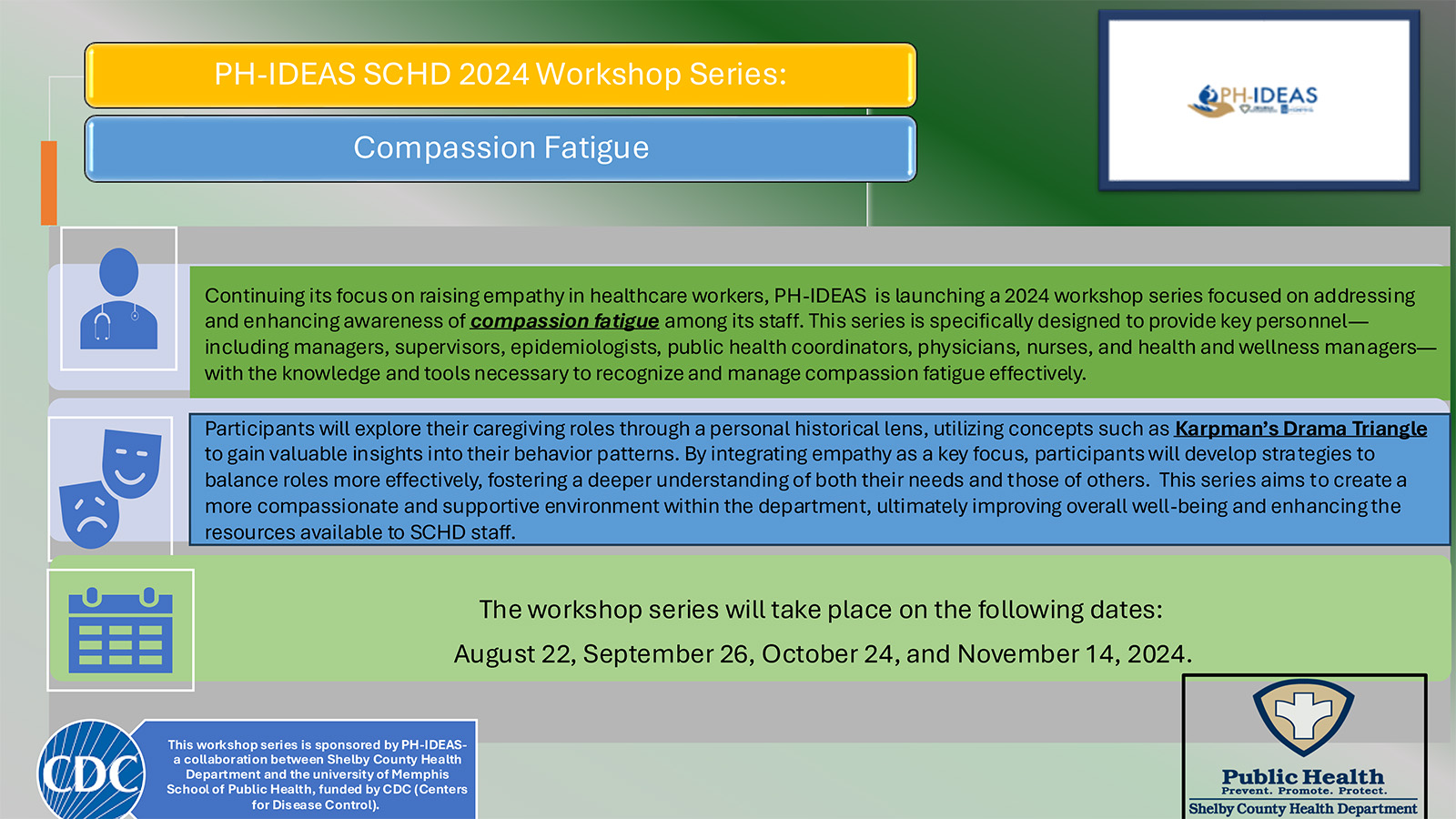 The workshop series will take place on the following dates: August 22, September 26, October 24, and November 14, 2024.