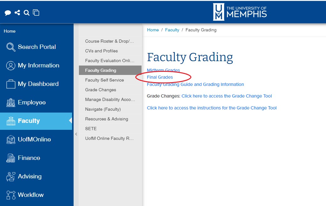 Faculty menu with Faculty Grading item selected