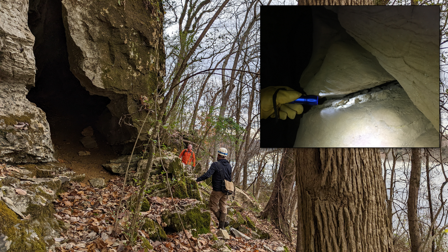 An example of a rock shelter along the Tennessee River where delicate sediments deposited during high flood stages are preserved in place (top right) for millennia. These flood deposits are identified from their unique geochemical characteristics from local hillslope sediments and provide the basis for estimating flood heights