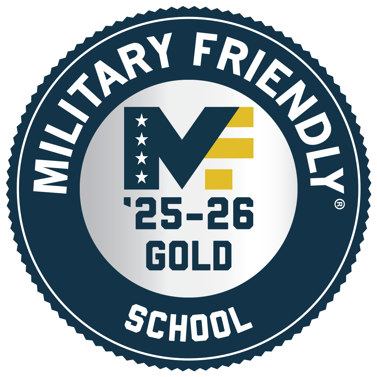 military_friendly_school_25_26_gold Military Friendly School 2025-2026 Gold designation badge featuring a stylized 'MF' logo with stars and gold stripes, surrounded by a dark blue circular border