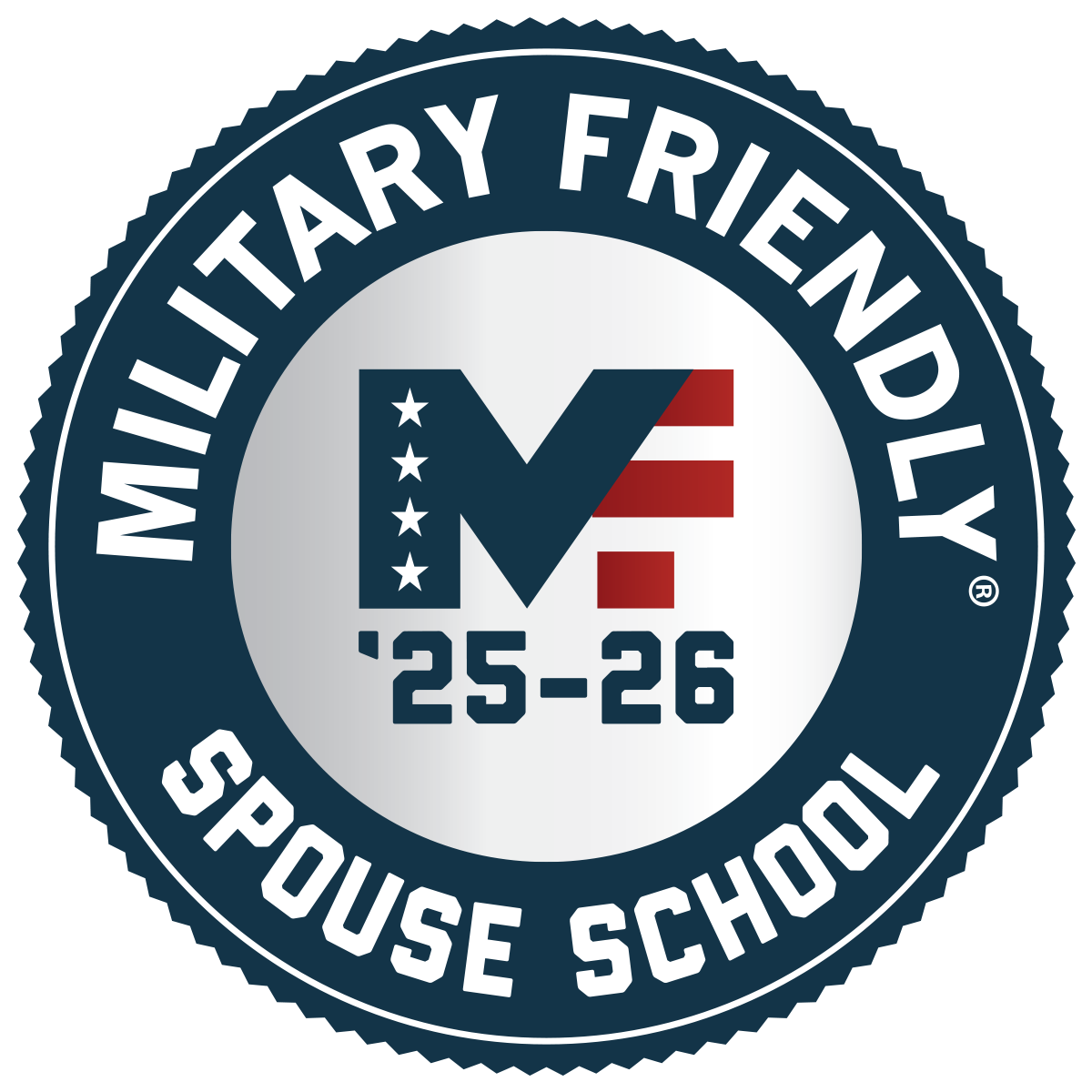 military_friendly_spouse_school_25_26 Military Friendly Spouse School 2025-2026 badge featuring a stylized 'MF' logo with stars and red stripes, surrounded by a dark blue circular border